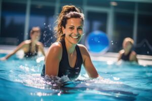 Woman doing aqua therapy to treat fibromyalgia pain.